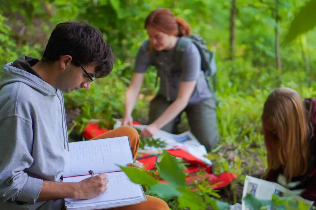 Three people study plants in a lush forest. One person in a gray hoodie takes notes in a notebook. A second person, with a backpack, crouches while the third examines a plant. The group is surrounded by green foliage.