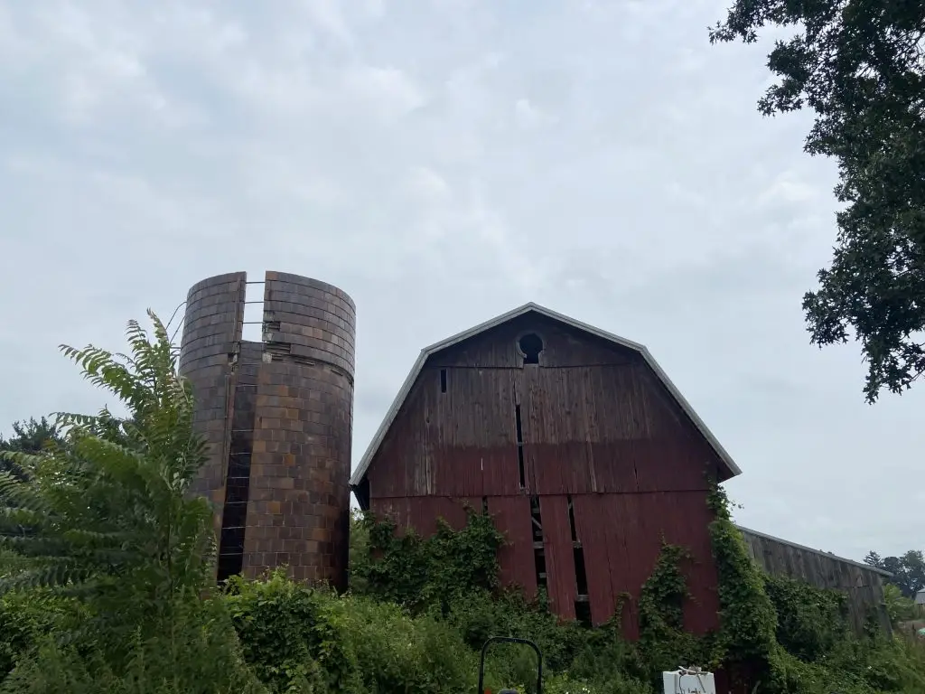 An old, weathered red barn with missing boards stands next to a cylindrical brick silo covered in ivy. Lush green plants and trees surround the structures under a cloudy sky.