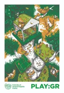 poster depicting animals playing in a treehouse